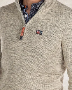 Beige cotton half zip pullover - Sahara Sand
