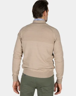 Beige cotton pullover with half zip