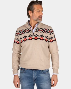 Beige cotton pullover with knitted pattern