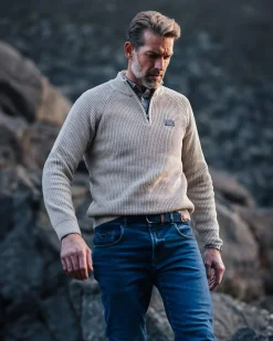 Beige cotton sweater with half-zip - Shimmering Sand