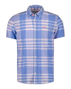 Blue and pink short-sleeve checkered shirt