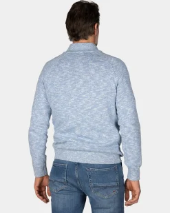 Blue cotton sweater with half zipper