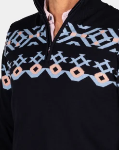 Blue cotton sweater with knitted pattern