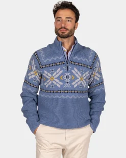 Blue half-zip pullover with colored pattern - Mineral Blue