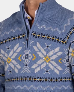 Blue half-zip pullover with colored pattern - Mineral Blue