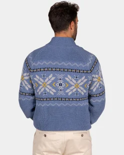 Blue half-zip pullover with colored pattern - Mineral Blue