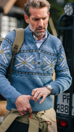 Blue half-zip pullover with colored pattern - Mineral Blue