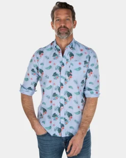 Blue linen cotton shirt with leaf print