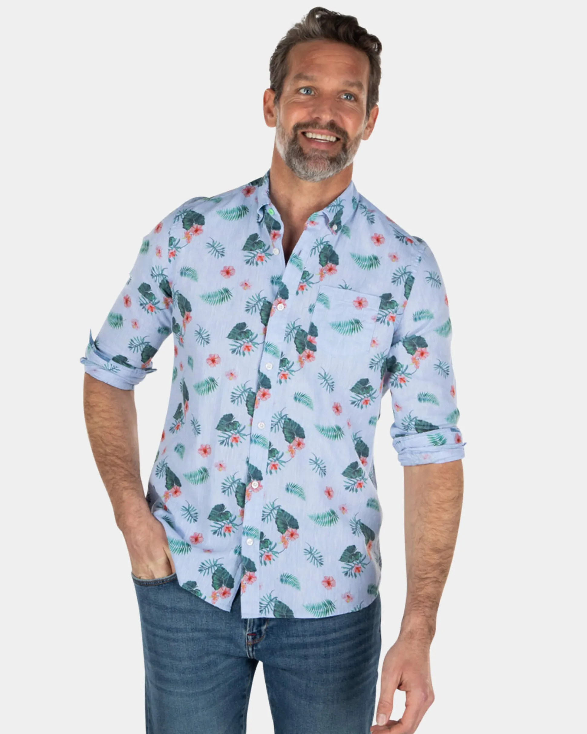 Blue linen cotton shirt with leaf print