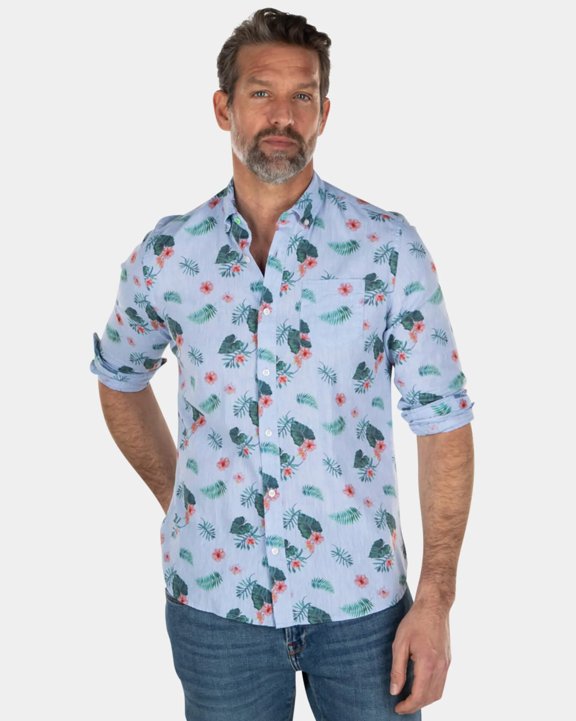 Blue linen cotton shirt with leaf print