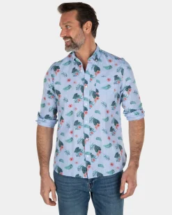 Blue linen cotton shirt with leaf print