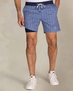 Blue printed swim shorts with navy trim
