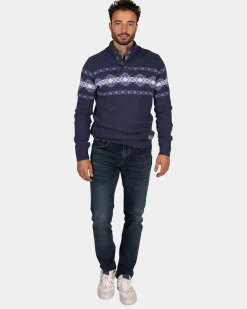 Blue pullover with buttons and light blue pattern - Tin Blue