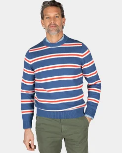 Blue pullover with orange and white stripes