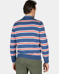 Blue pullover with orange and white stripes