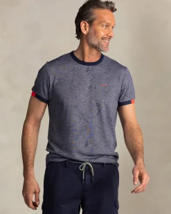 Blue round-neck T-shirt with leaf print
