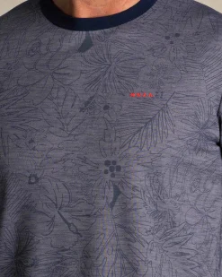 Blue round-neck T-shirt with leaf print