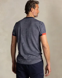Blue round-neck T-shirt with leaf print