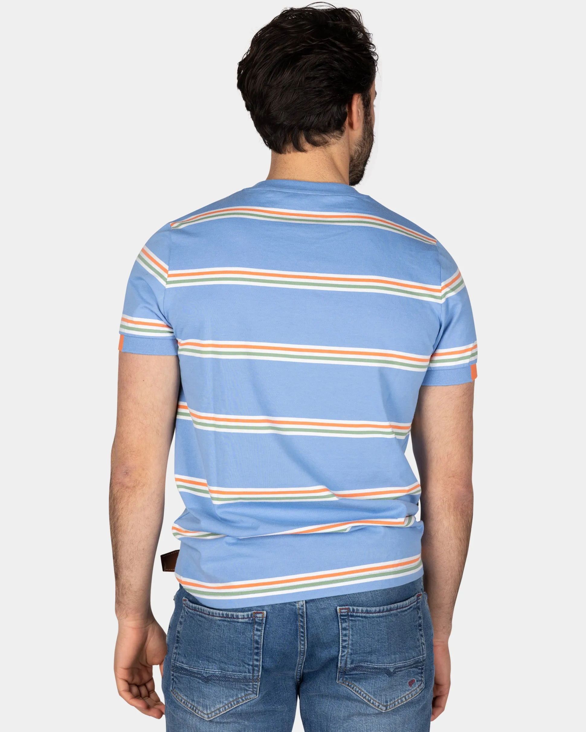 Blue t-shirt with orange and white stripes