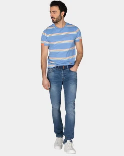 Blue t-shirt with orange and white stripes