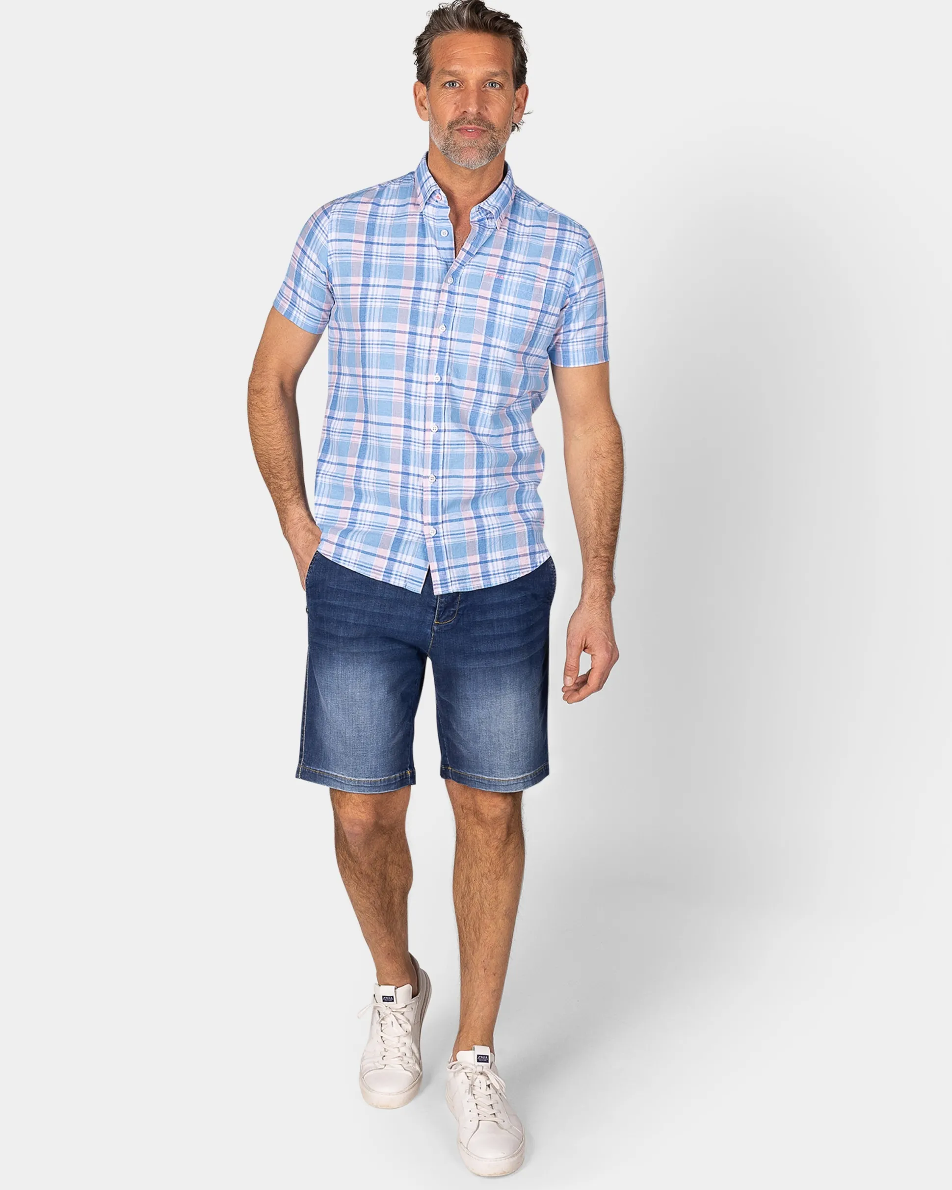 Blue White Orange Checked Short Sleeve Shirt