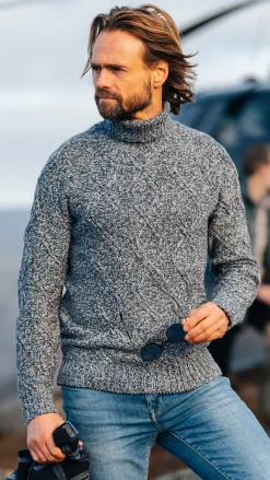 Blue wool cable knit turtleneck sweater - Tin Blue
