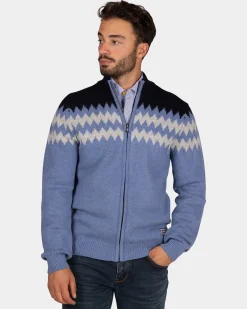Blue wool cardigan with white pattern - Mineral Blue