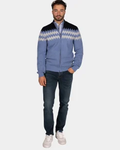 Blue wool cardigan with white pattern - Mineral Blue