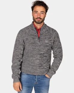 Brown cotton sweater with half-zip - Mud