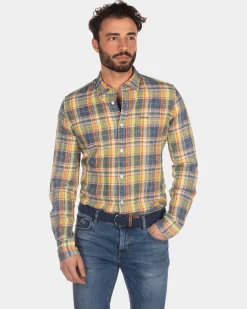 Checkered linen shirt yellow blue red - Blue Multicolour