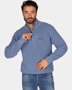 Chunky knit blue half-zip sweater - Mineral Blue