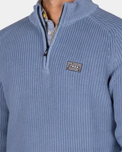 Chunky knit blue half-zip sweater - Mineral Blue