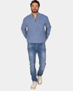 Chunky knit blue half-zip sweater - Mineral Blue