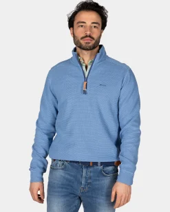 Cotton blue pullover with half zipper