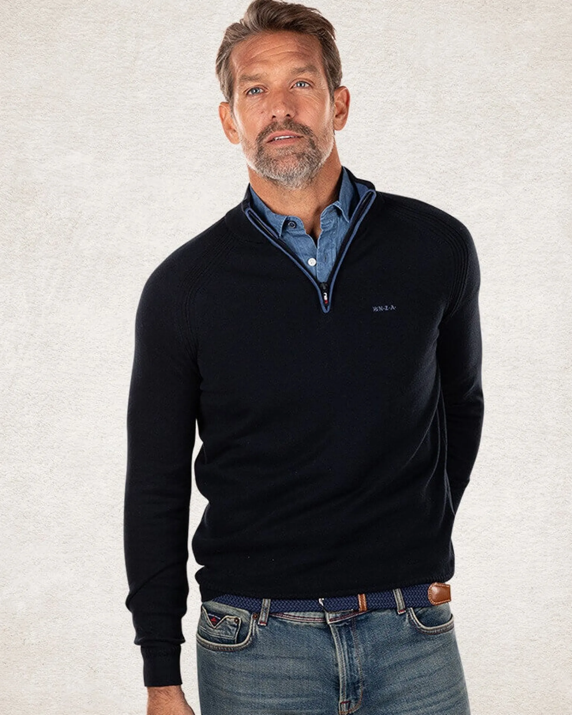 Cotton cashmere half zip pullover - Charcoal Navy