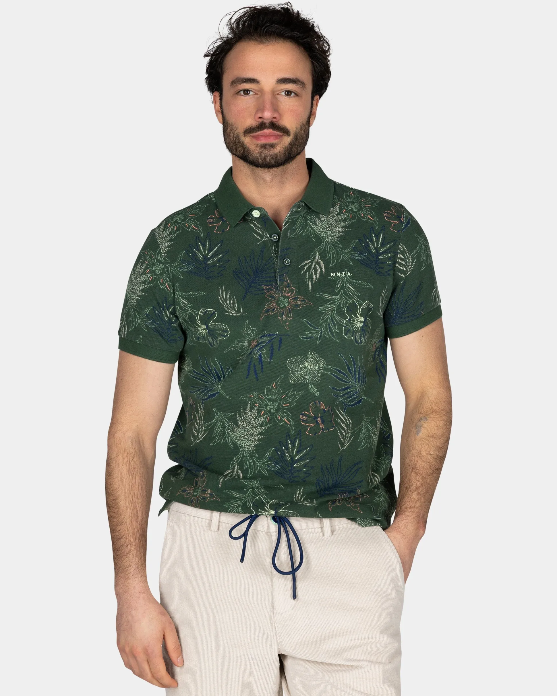 Cotton Green Polo with Leaf Print