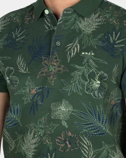 Cotton Green Polo with Leaf Print