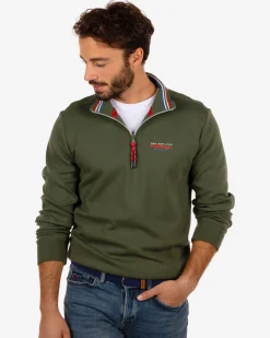 Cotton jumper with zipper Urenui - Rock Green