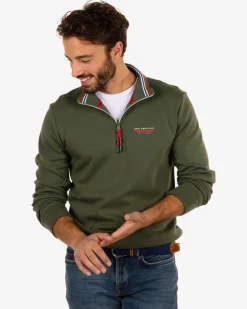 Cotton jumper with zipper Urenui - Rock Green