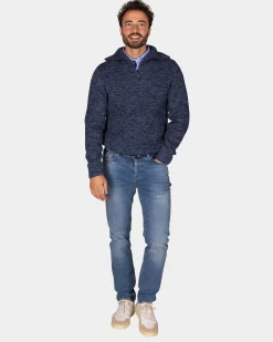 Cotton navy knitted half-zip sweater - Winter Navy