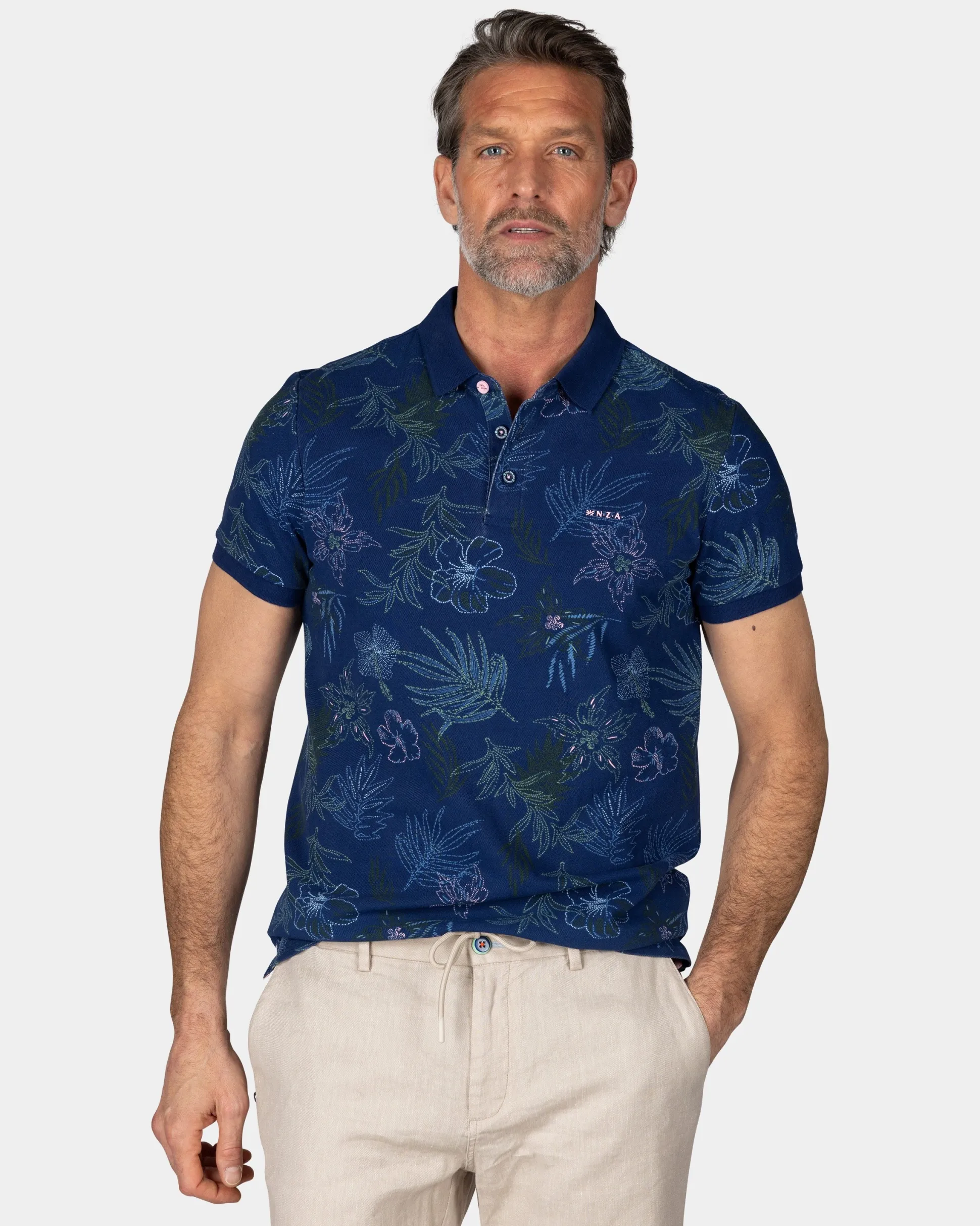 Cotton Navy Polo with Leaf Print
