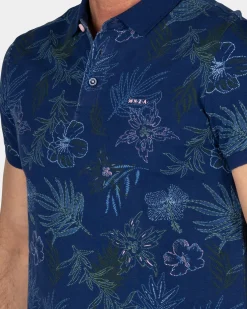 Cotton Navy Polo with Leaf Print