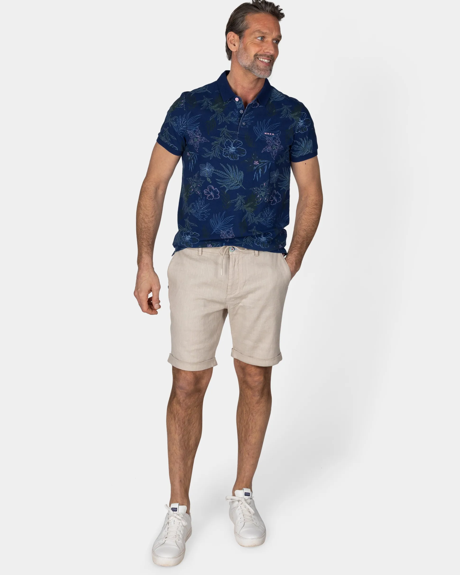 Cotton Navy Polo with Leaf Print