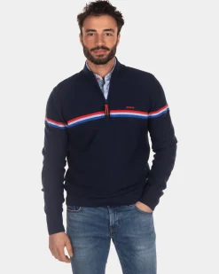Cotton sweater with half zip - Industrial Navy