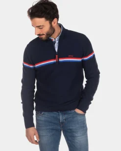 Cotton sweater with half zip - Industrial Navy