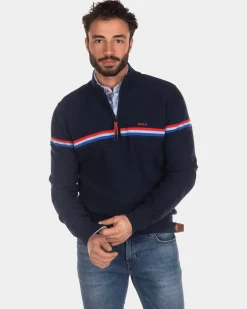 Cotton sweater with half zip - Industrial Navy