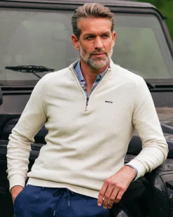 Cream beige basic pullover with half zipper