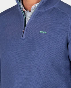 Dark blue basic pullover with half zipper