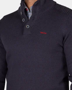 Dark blue knitted cotton sweater with buttons - Winter Navy