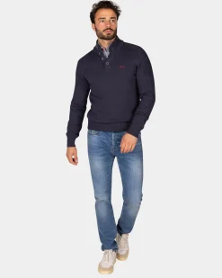 Dark blue knitted cotton sweater with buttons - Winter Navy